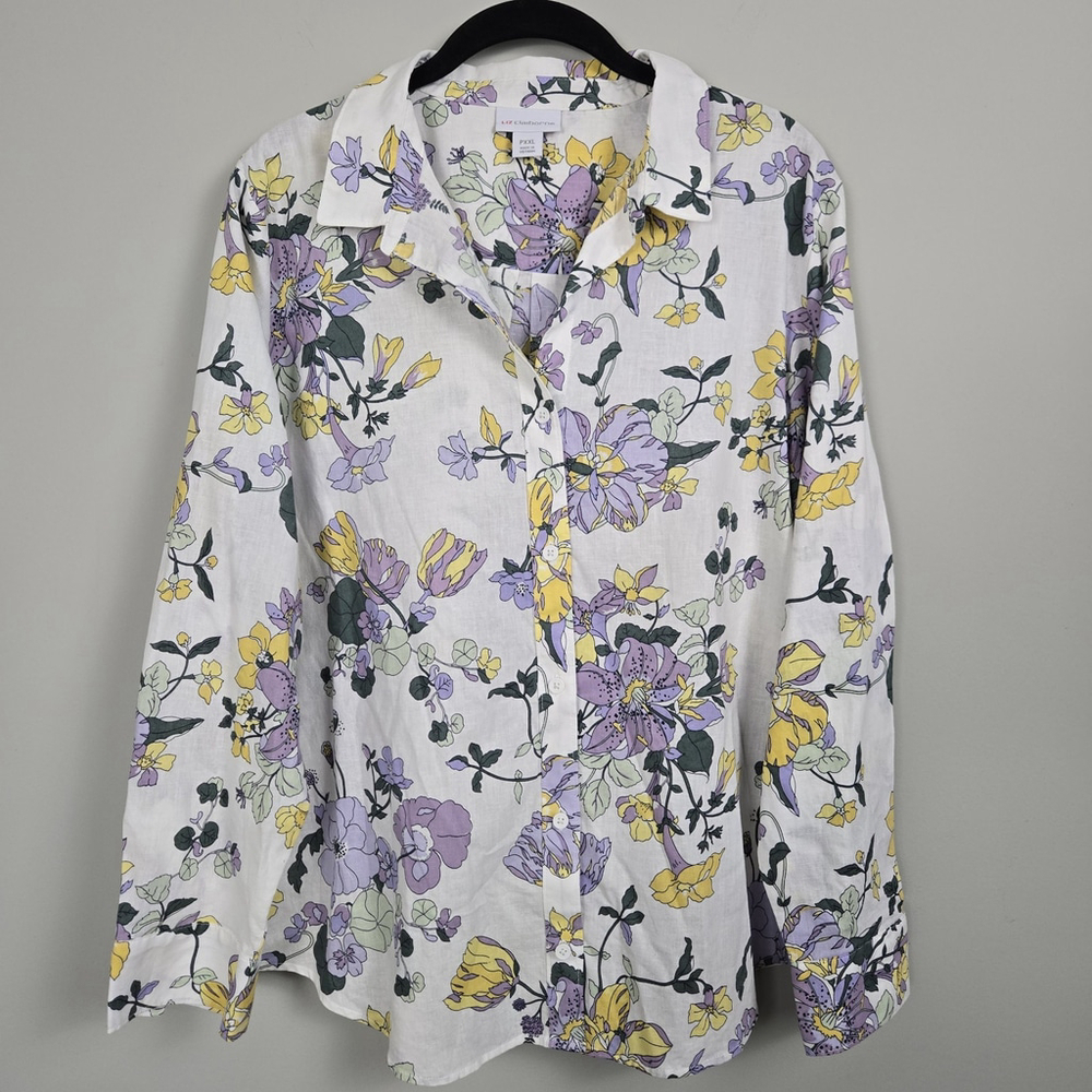 Liz Claiborne Womens Floral Linen Button Up Top XXL Petite White Artsy Spring